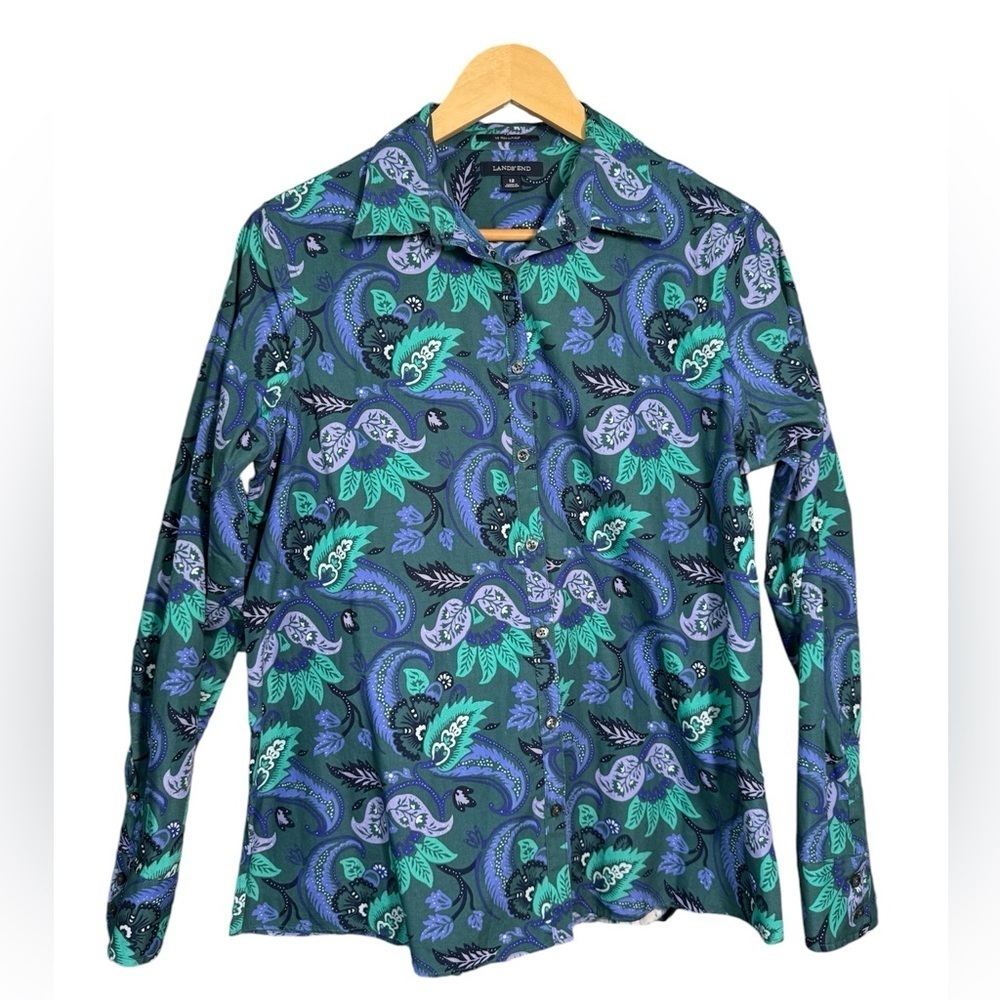 Land’s End Women’s Long Sleeve button up cotton blouse Teal Blue Paisley Size 12